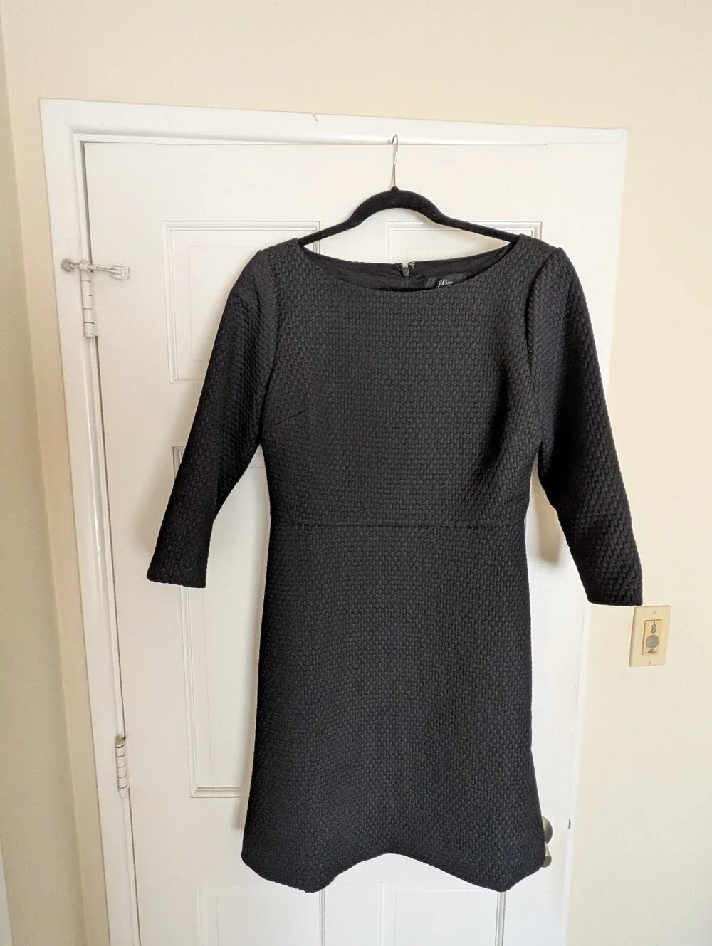J. Crew Matelasse Boat Neck Sheath 3/4 Sleeves Textured Midi Dress Navy Women 10
